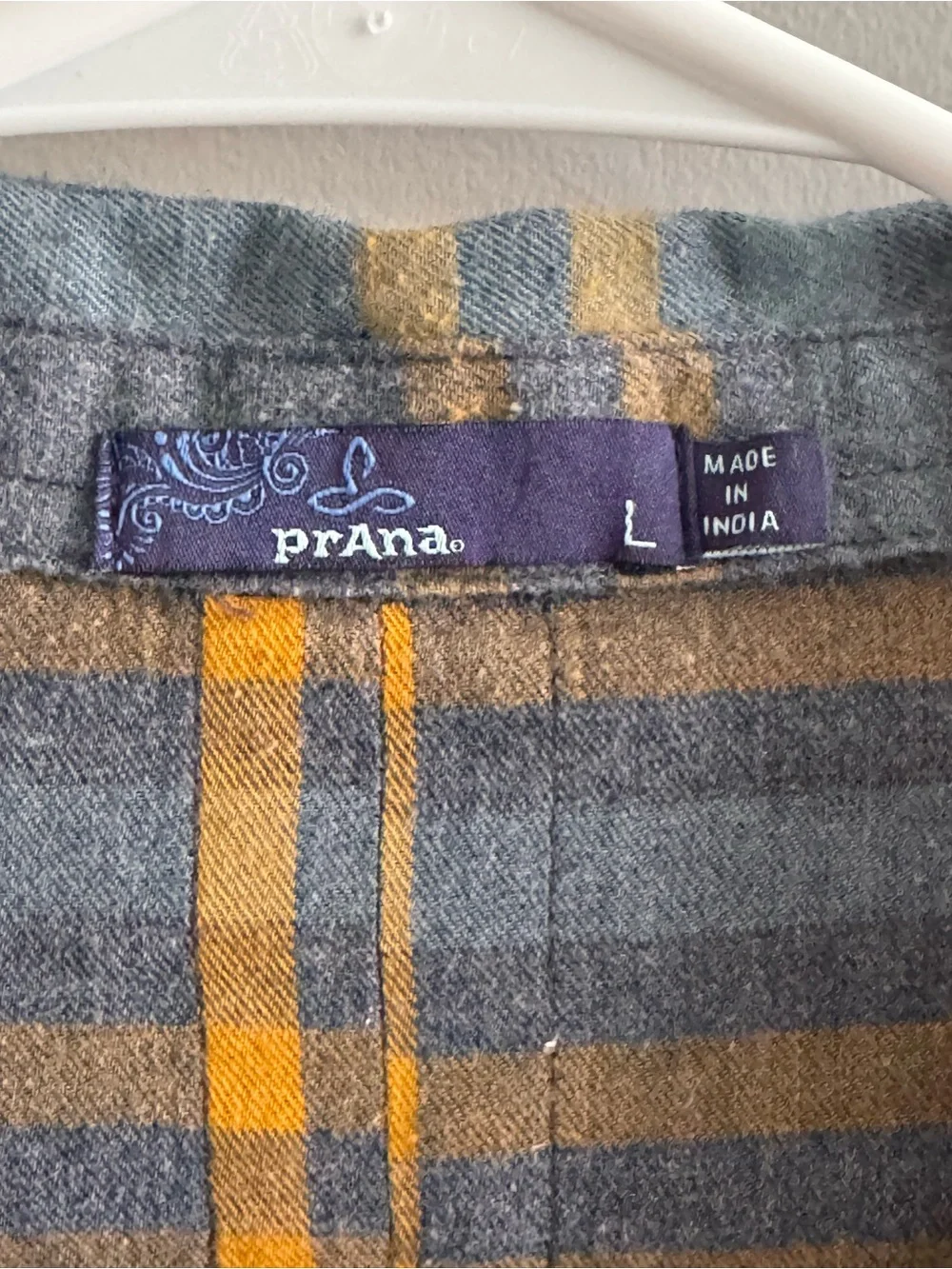prAna Organic Cotton Plaid Flannel Shirt Women’s Large Blue Gold - Picture 2 of 6